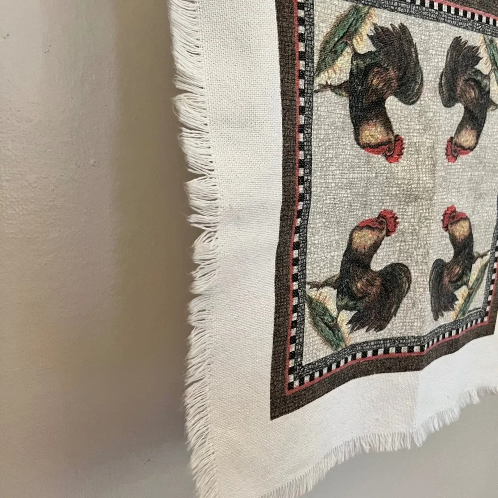 Vintage Rooster Woven Tapestry Napkin Fringed Farmhouse Kitchen Decor 17x17